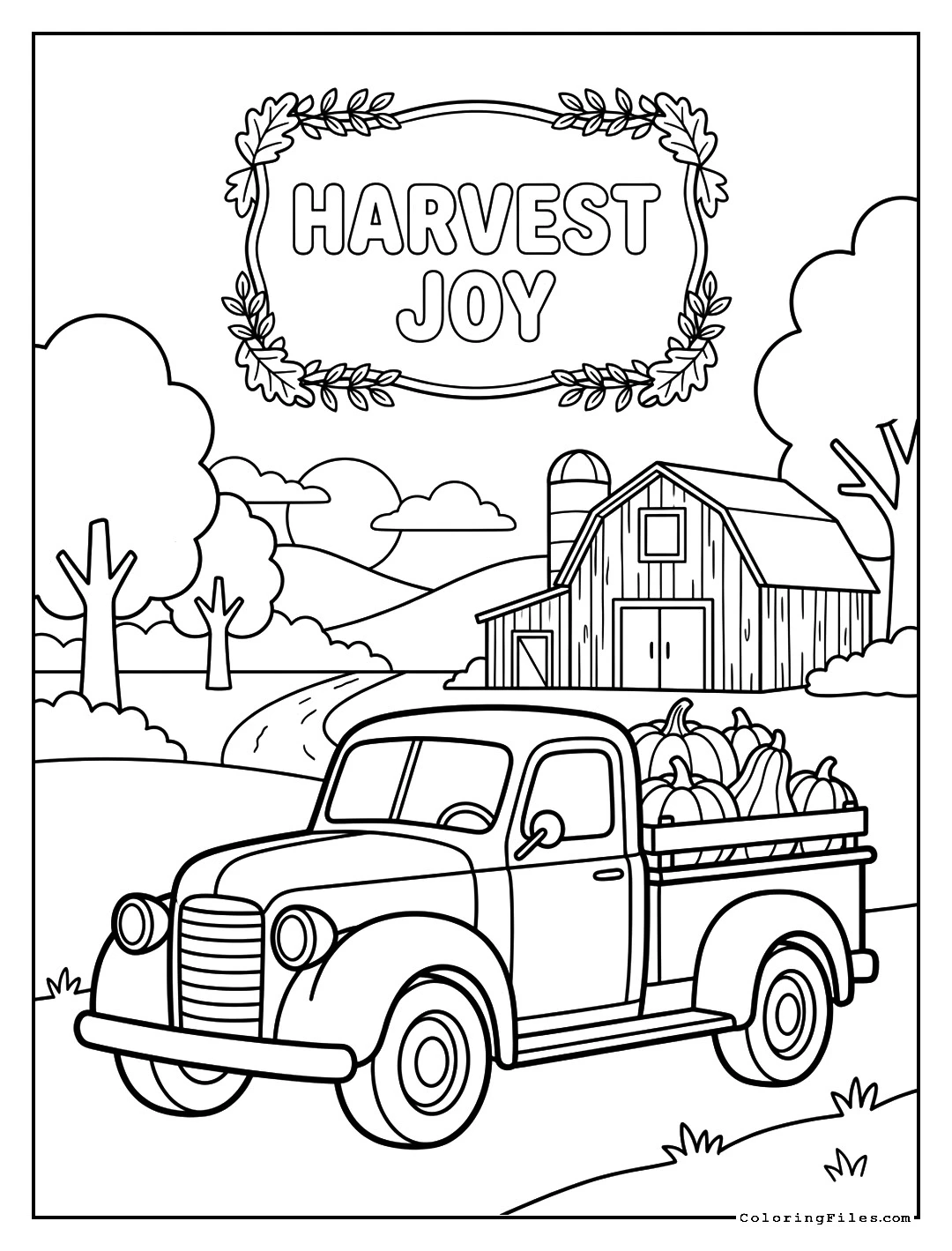 Vintage Red Truck Loaded with Pumpkins - Autumn & Fall Coloring Pages (Free PDFs)