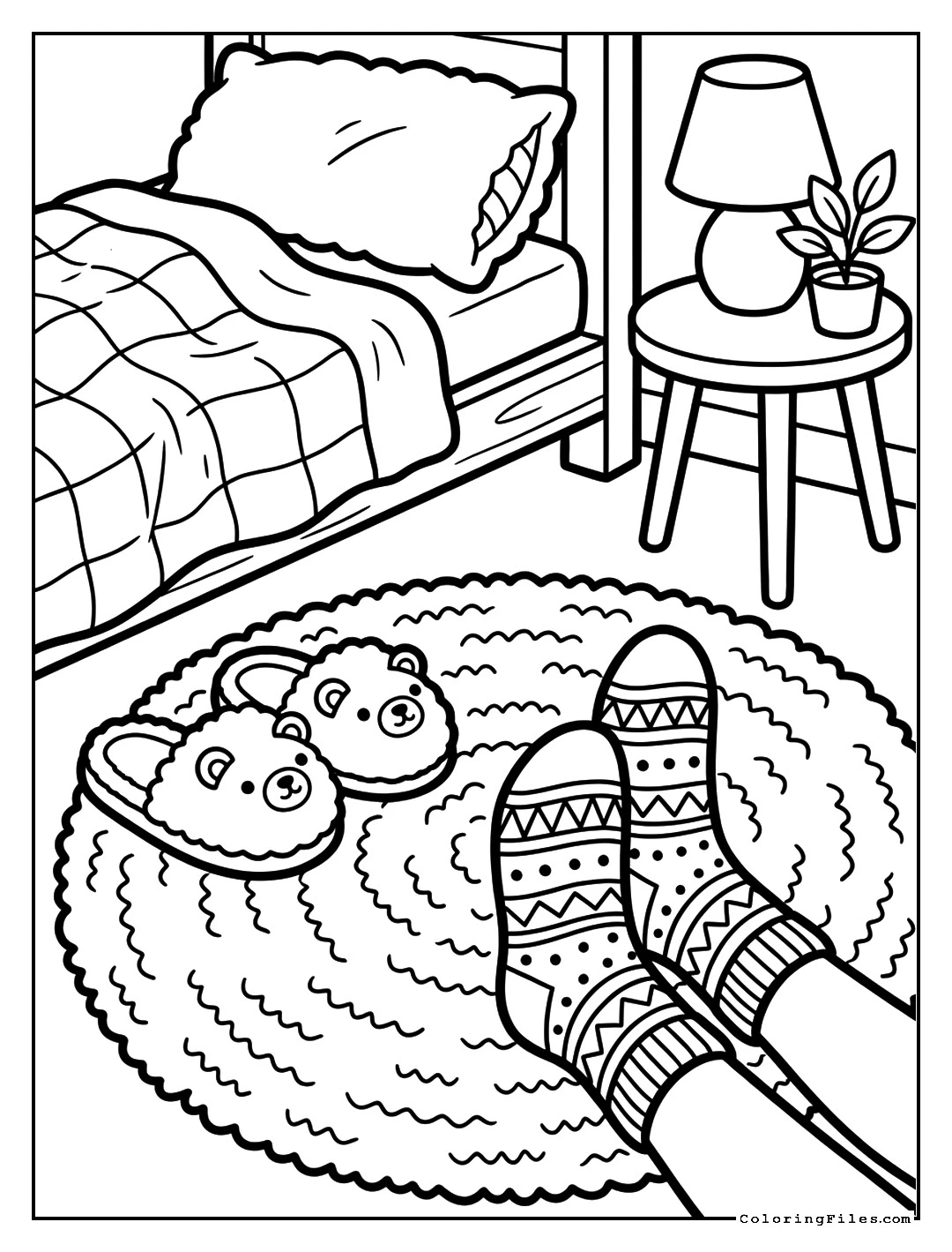 Fuzzy Socks and Slippers by the Bed - Autumn & Fall Coloring Pages (Free PDFs)