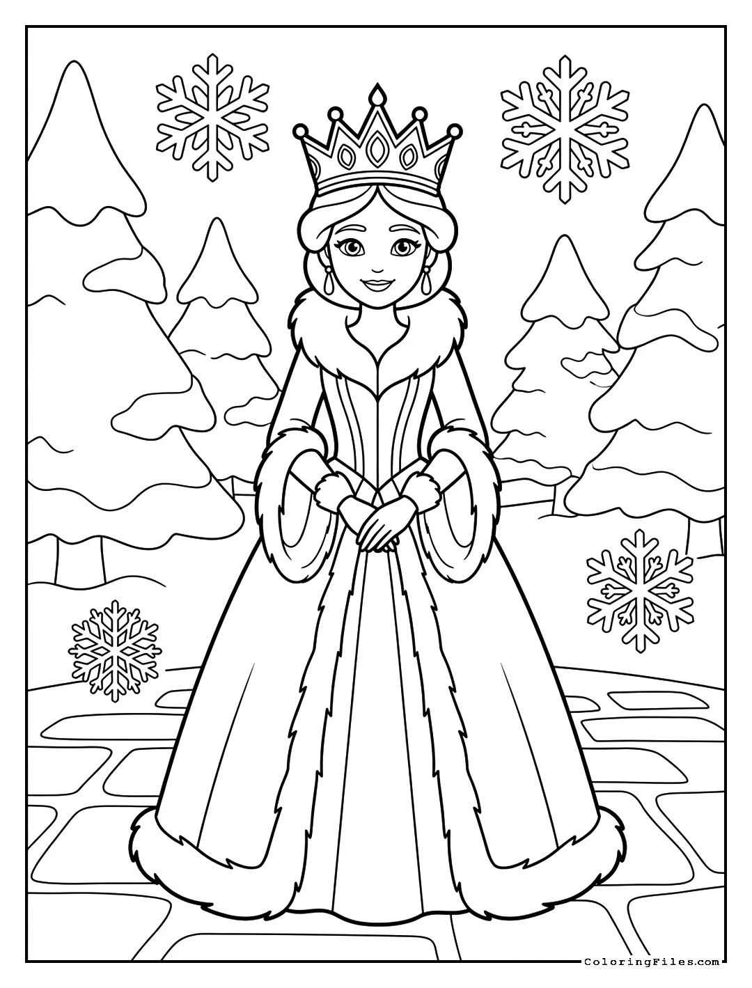 A Royal Princess in her Winter Fur Gown - Winter Coloring Pages (Free PDF Printables)