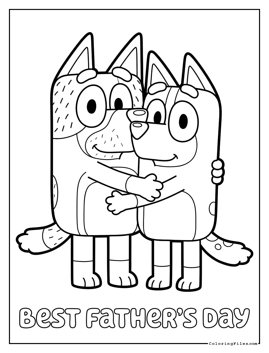 Bluey and Bandit Father's Day Hug - Father’s Day Coloring Pages (Free PDF Printables)