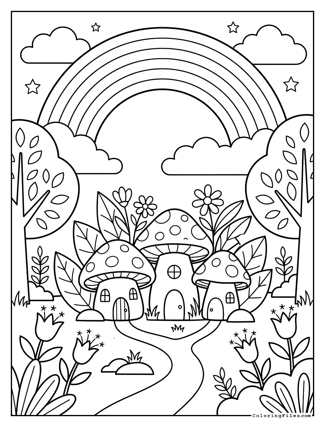 Magical Fairy Garden Rainbow - Spring Coloring Pages (Free PDF Printables)