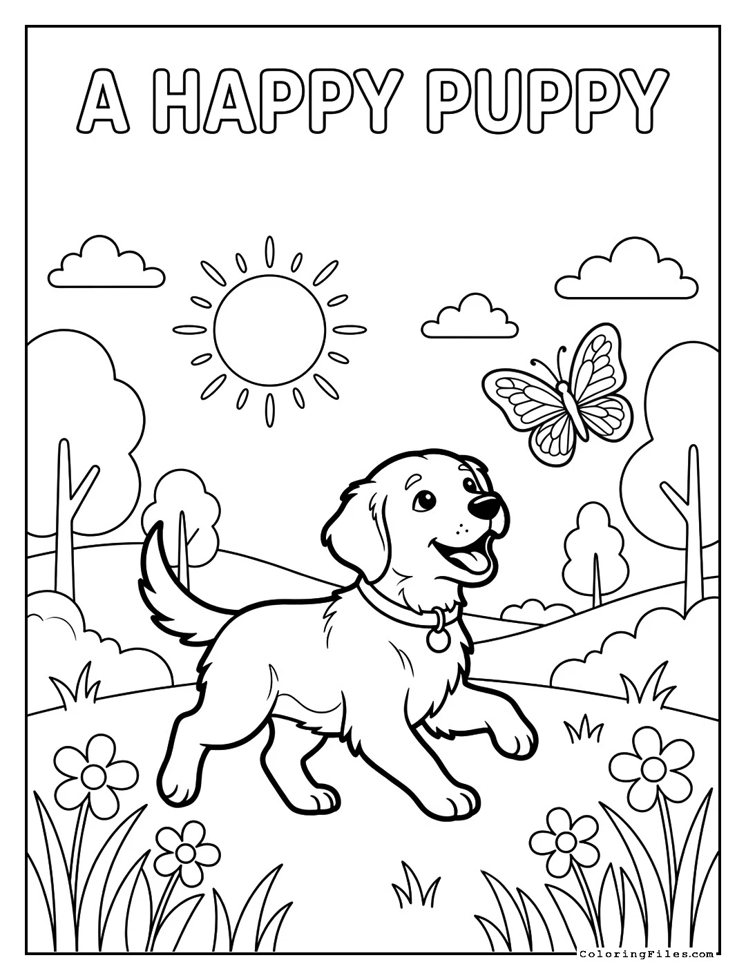 Playful Golden Retriever Puppy - Spring Coloring Pages (Free PDF Printables)