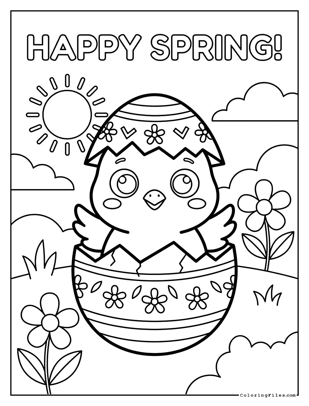 Baby Chick in Eggshell - Spring Coloring Pages (Free PDF Printables)