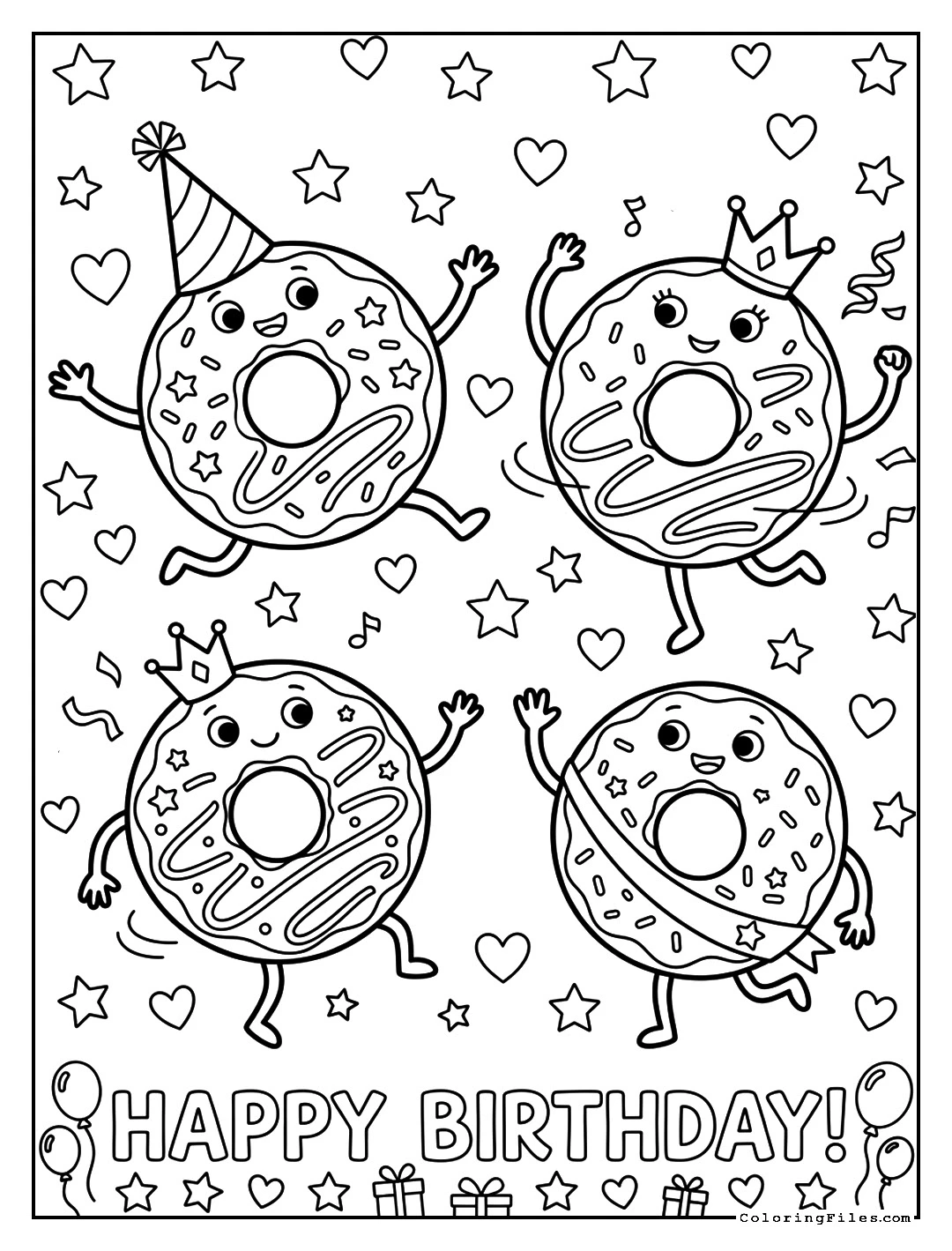 Dancing Birthday Donuts - Happy Birthday Coloring Pages (Free PDFs)