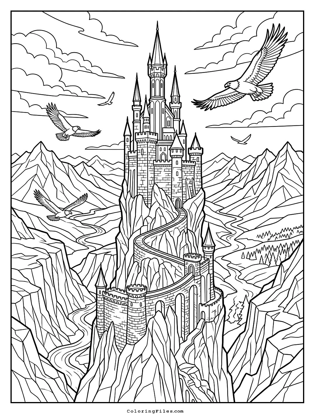 The Eagle’s Eyrie Spire coloring page - Fairytale Castle Coloring Pages (Free PDFs / Detailed)
