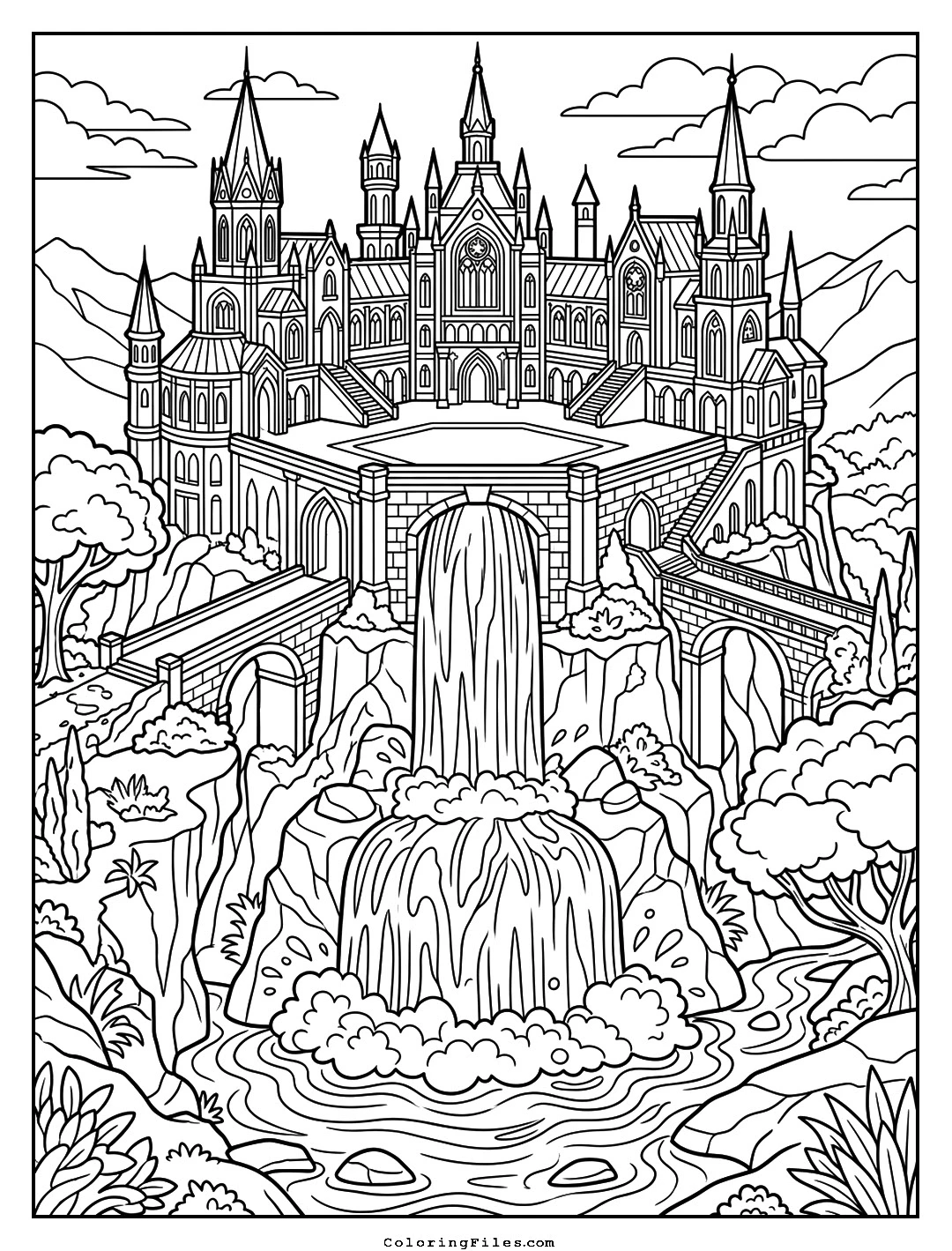 Waterfall Cascade Palace coloring page - Fairytale Castle Coloring Pages (Free PDFs / Detailed)