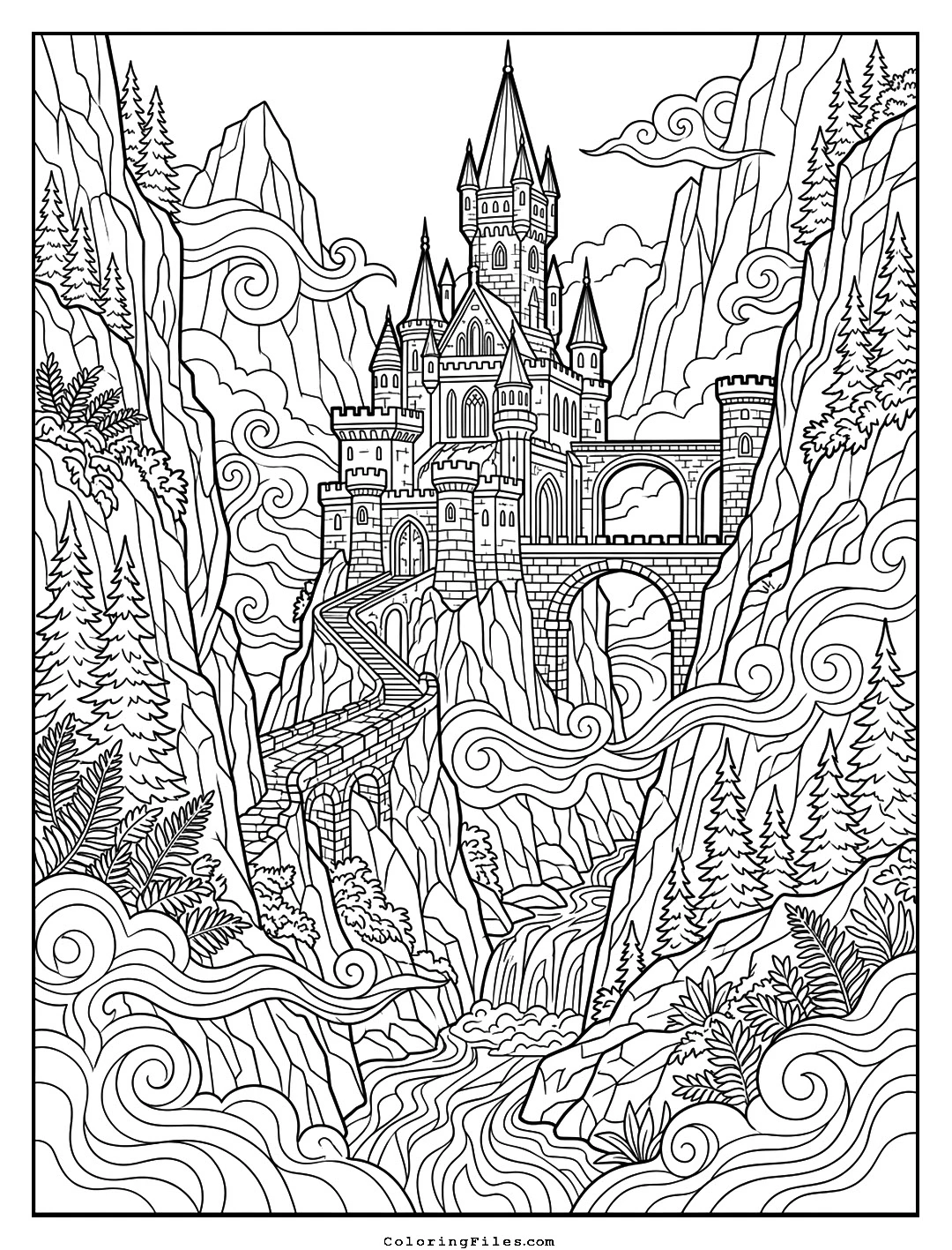 The Misty Gorge Sanctuary coloring page - Fairytale Castle Coloring Pages (Free PDFs / Detailed)