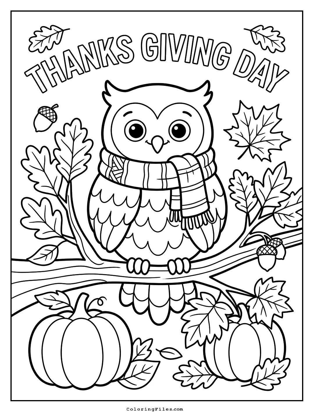 Thanksgiving Owl on a Tree Branch coloring page - Thanksgiving Coloring Pages (Free PDFs / Online)