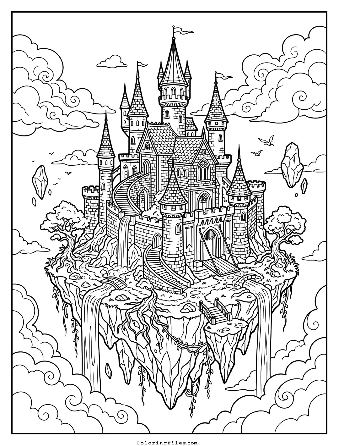 Floating Island Citadel coloring page - Fairytale Castle Coloring Pages (Free PDFs / Detailed)