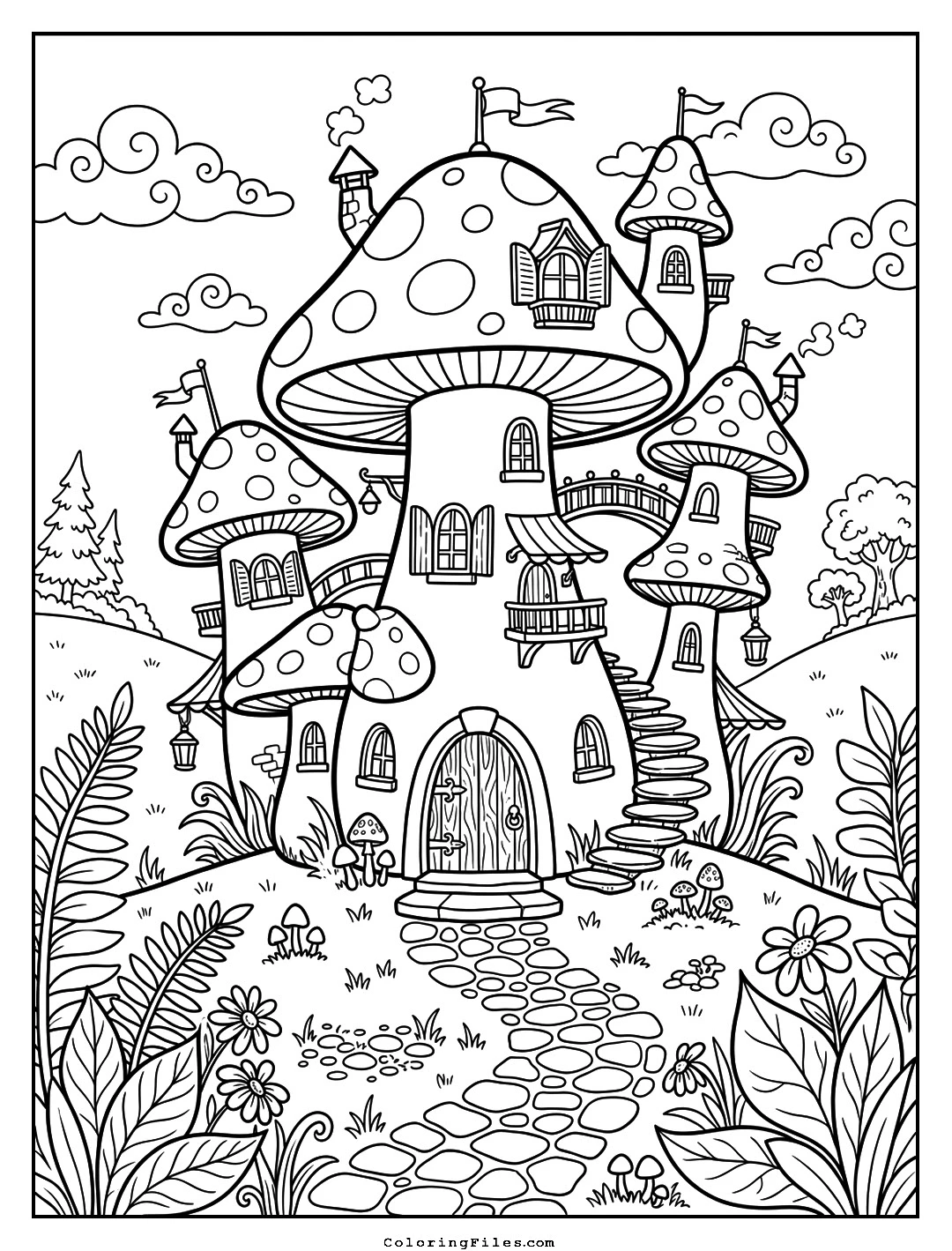 The Whimsical Mushroom Castle coloring page - Fairytale Castle Coloring Pages (Free PDFs / Detailed)