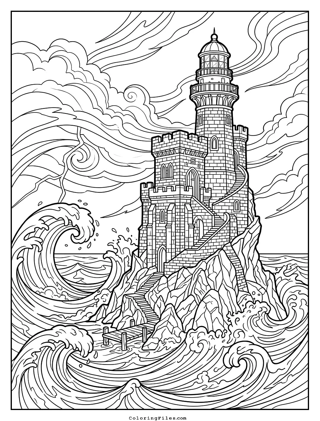 The Lonely Island Lighthouse Keep coloring page - Fairytale Castle Coloring Pages (Free PDFs / Detailed)