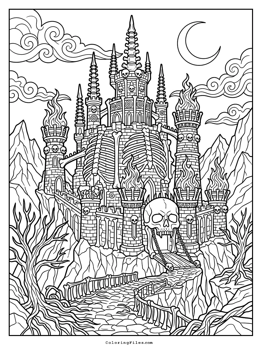 The Necromancer’s Bone Keep coloring page - Fairytale Castle Coloring Pages (Free PDFs / Detailed)