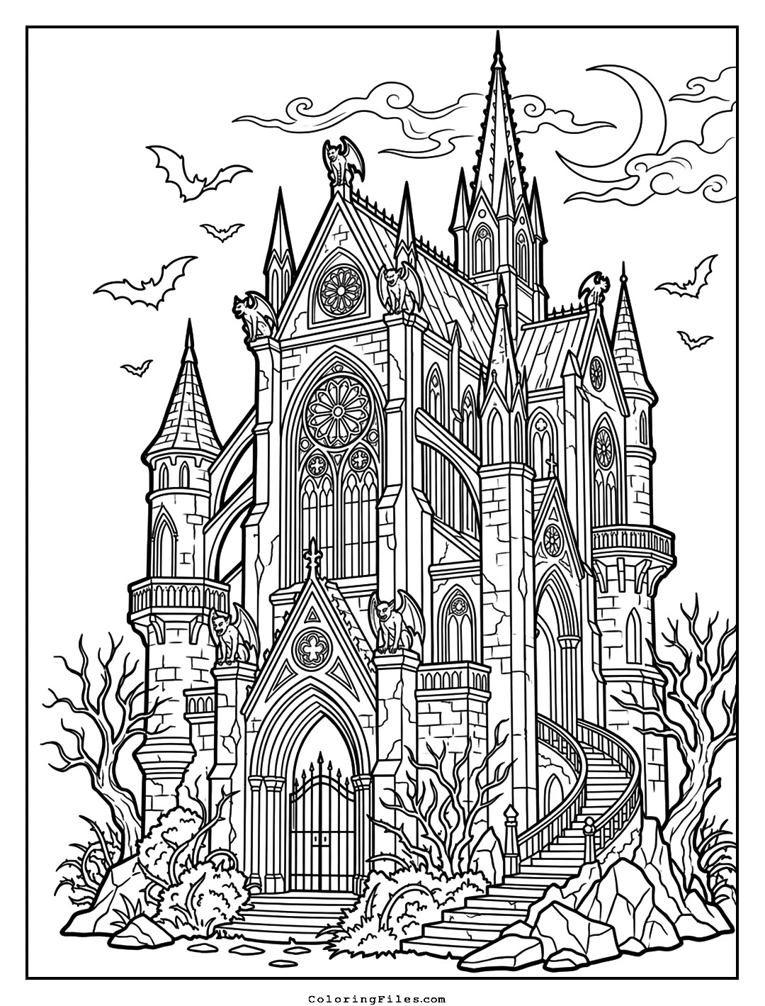 The Haunted Gothic Cathedral Castle coloring page - Fairytale Castle Coloring Pages (Free PDFs / Detailed)