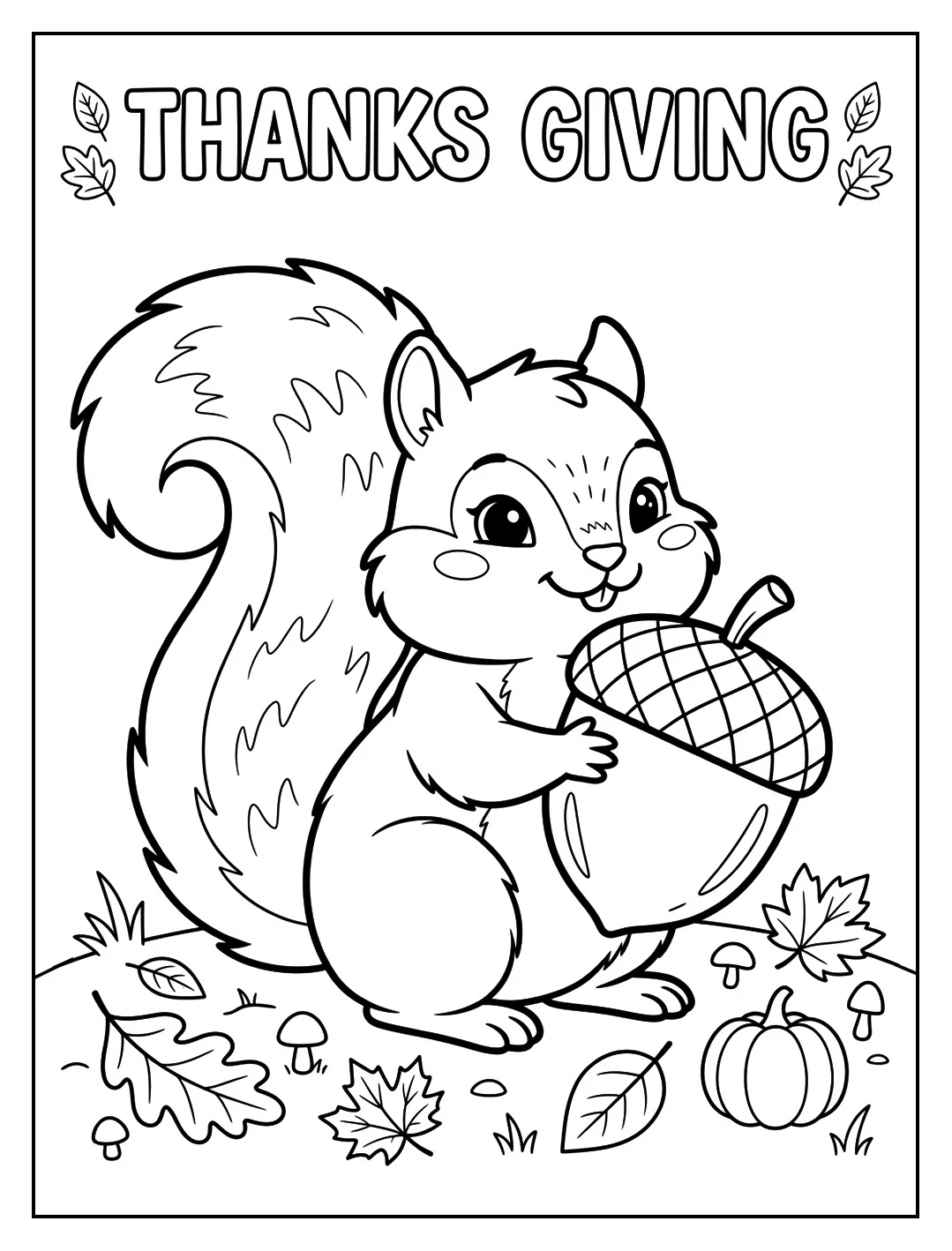 Cute Autumn Squirrel with Nut coloring page - Thanksgiving Coloring Pages (Free PDFs / Online)