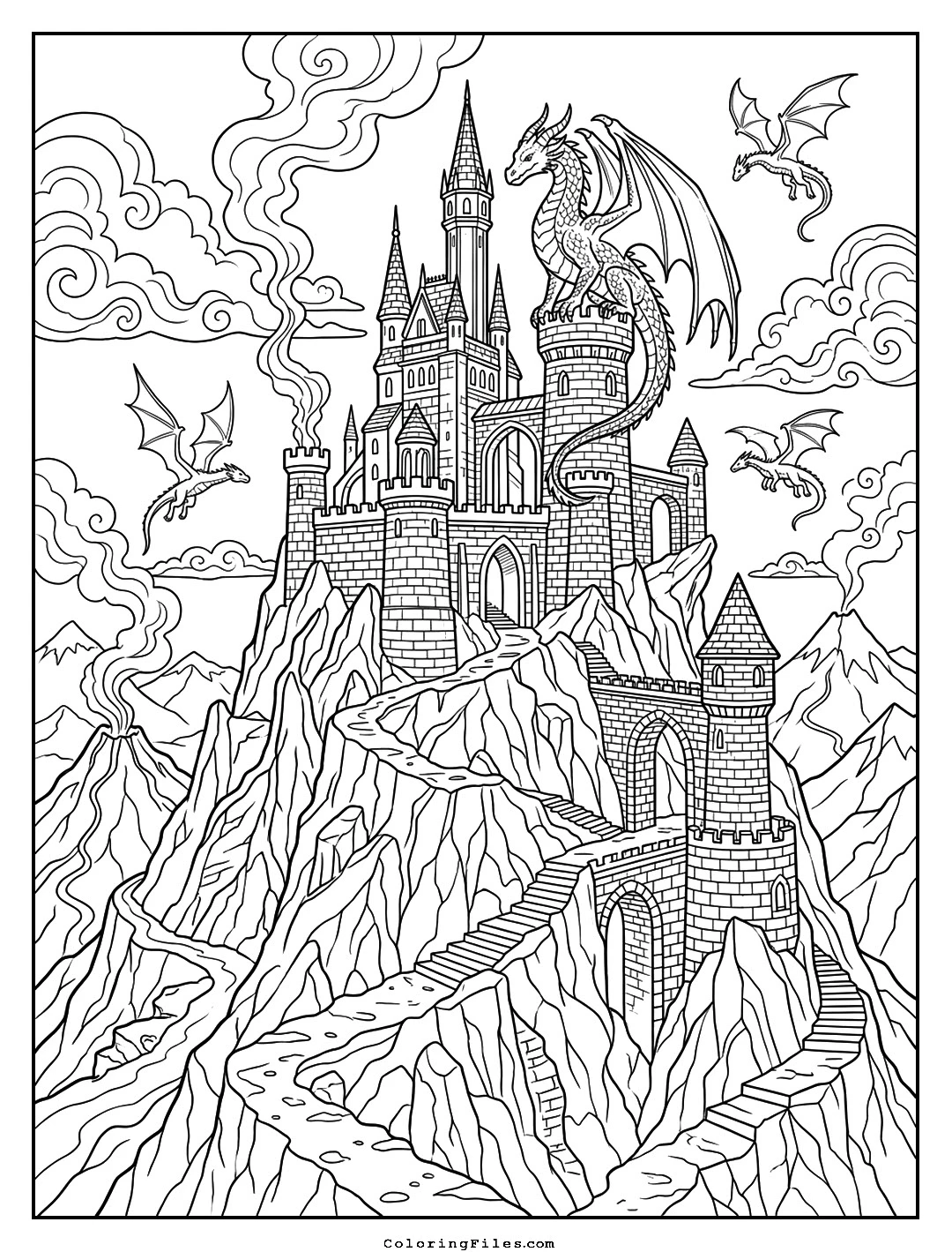 Dragon’s Peak Mountain Fortress coloring page - Fairytale Castle Coloring Pages (Free PDFs / Detailed)