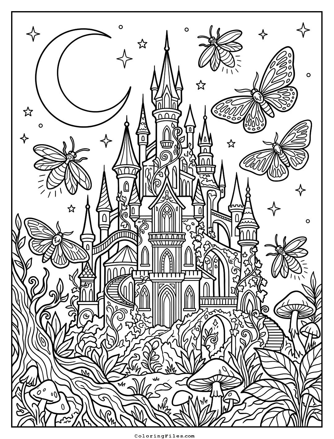 The Moonlit Fairy Queen Estate coloring page - Fairytale Castle Coloring Pages (Free PDFs / Detailed)