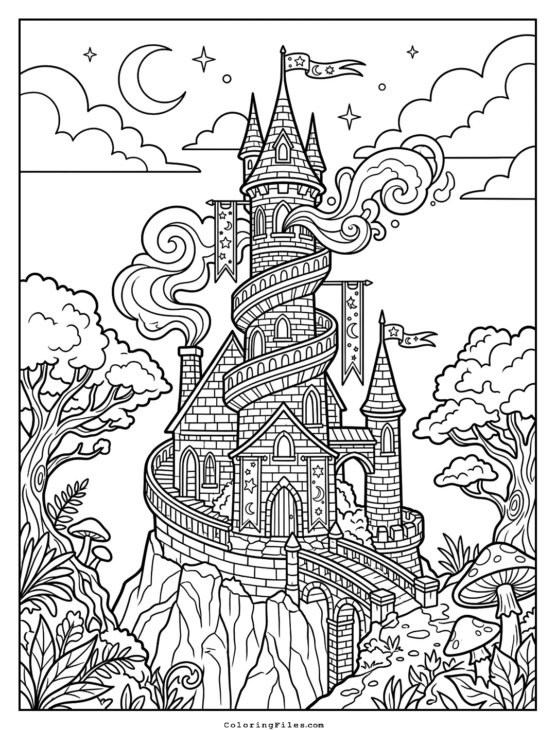 Merlin’s Hidden Wizard Tower coloring page - Fairytale Castle Coloring Pages (Free PDFs / Detailed)