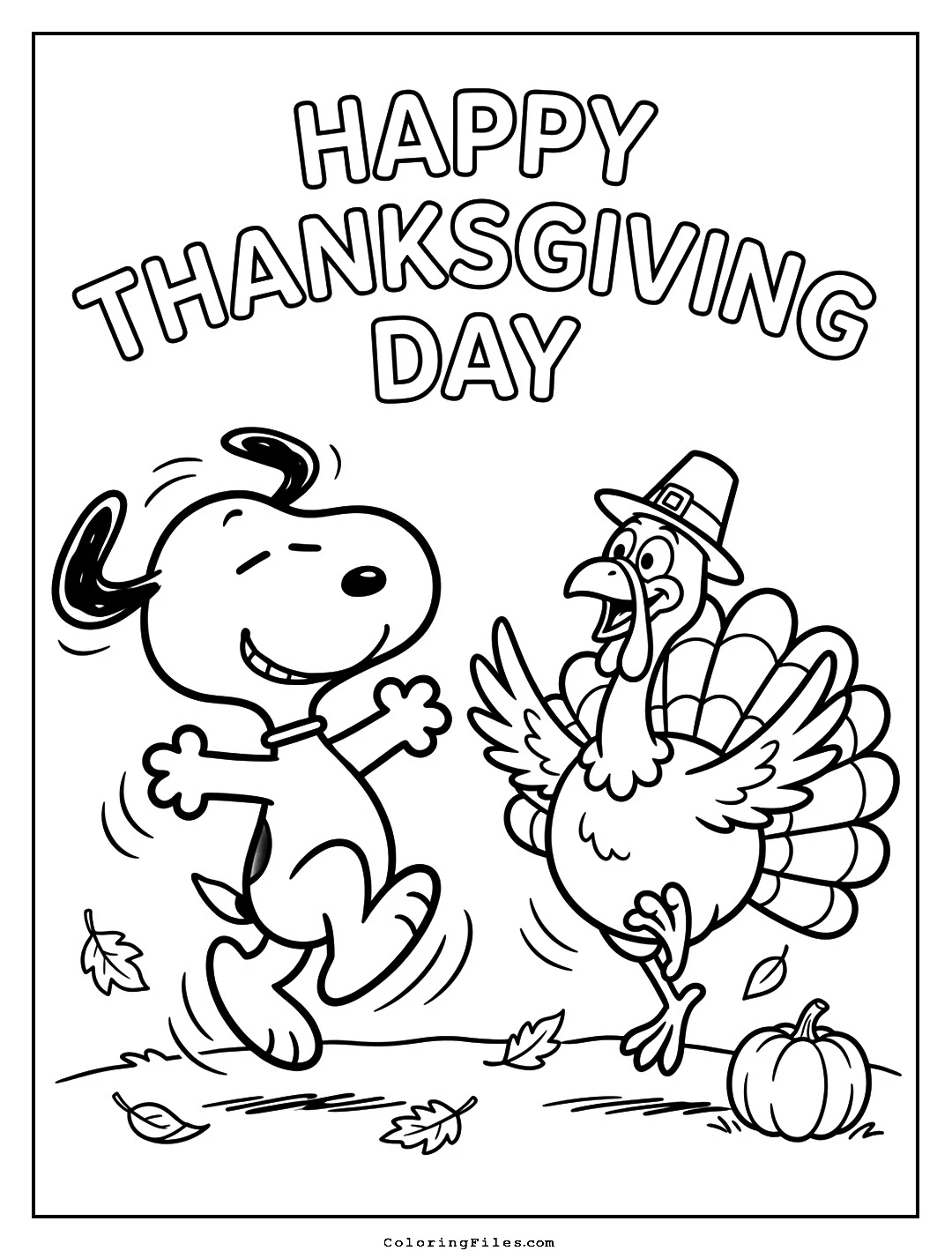 Snoopy Dancing with a Holiday Turkey coloring page - Thanksgiving Coloring Pages (Free PDFs / Online)