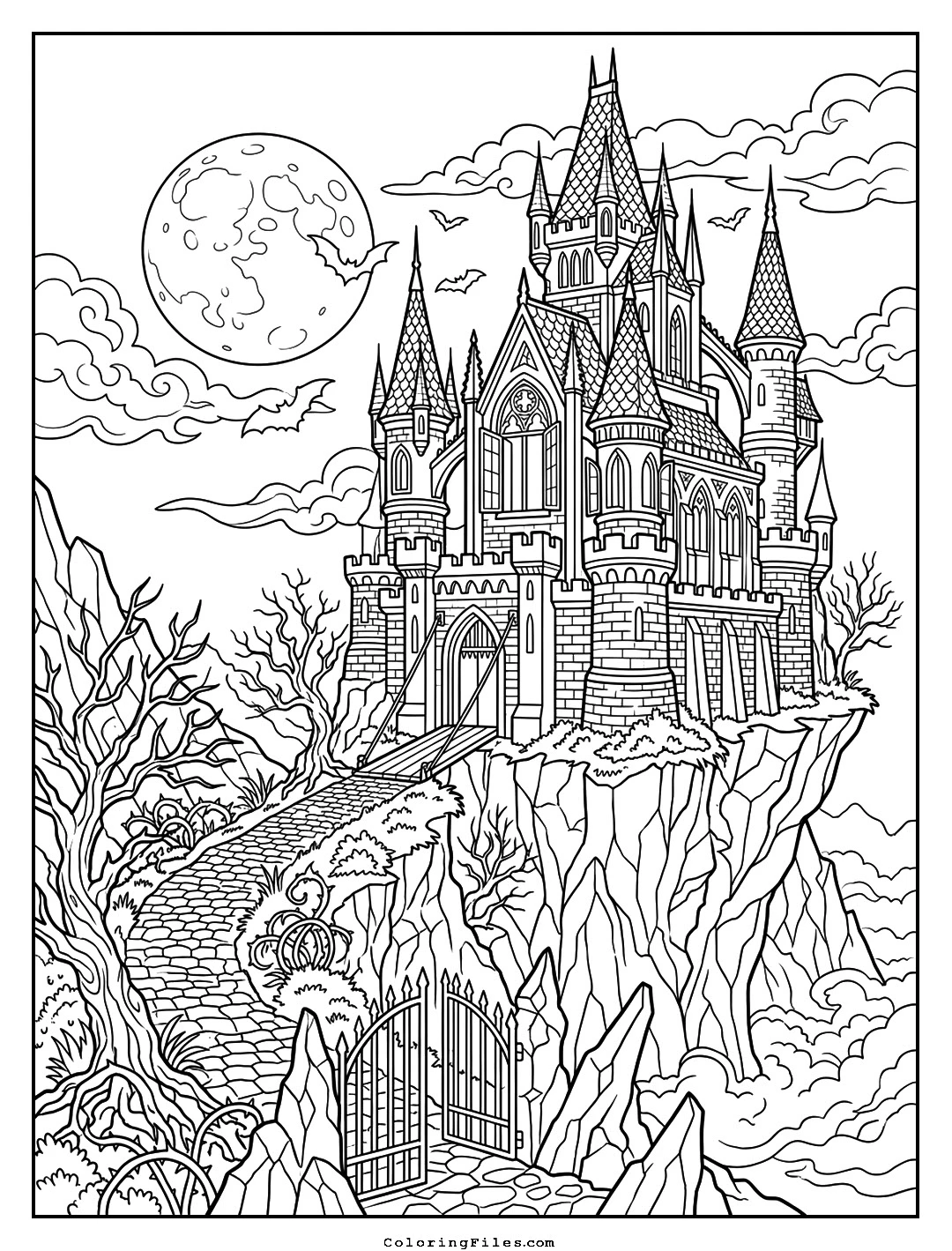 Vampire Count’s Shadow Keep coloring page - Fairytale Castle Coloring Pages (Free PDFs / Detailed)