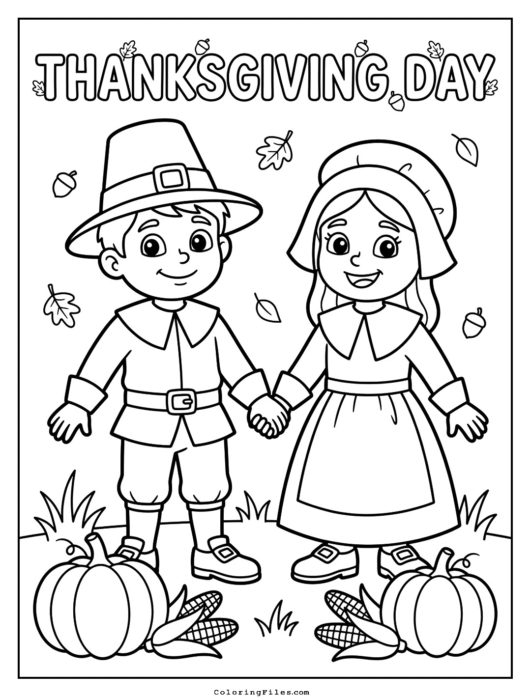 Pilgrim Boy and Girl Cartoon coloring page - Thanksgiving Coloring Pages (Free PDFs / Online)