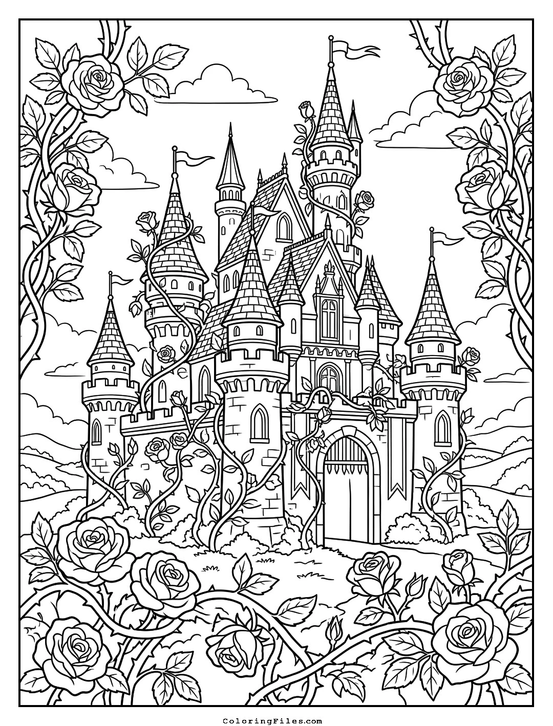 Sleeping Princess Rose Castle coloring page - Fairytale Castle Coloring Pages (Free PDFs / Detailed)