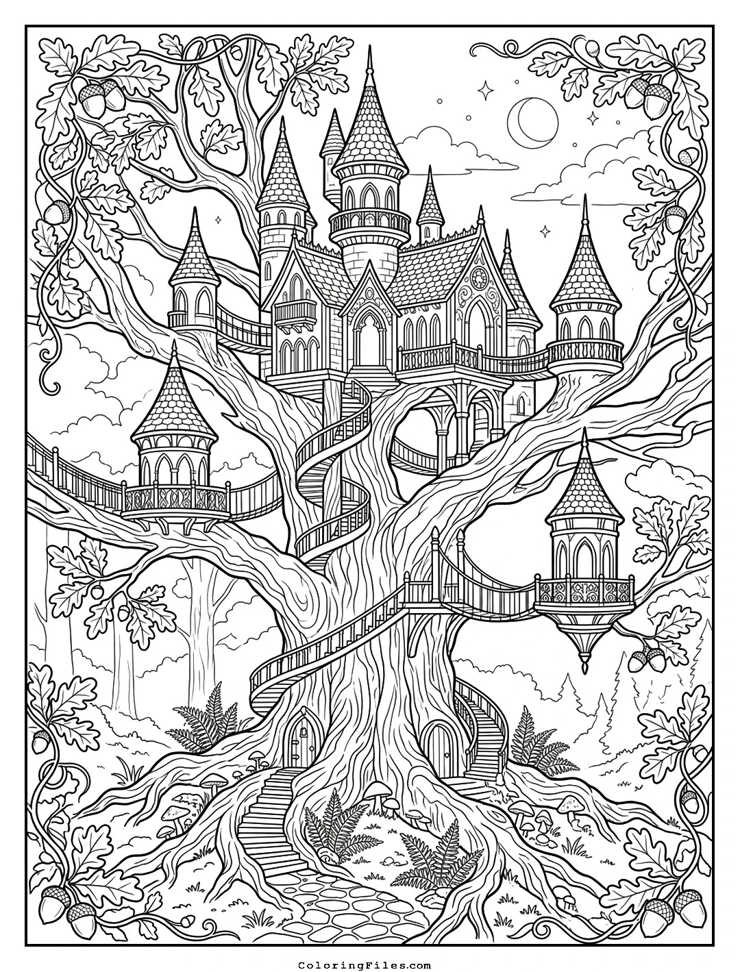 Enchanted Forest Treehouse Palace coloring page - Fairytale Castle Coloring Pages (Free PDFs / Detailed)