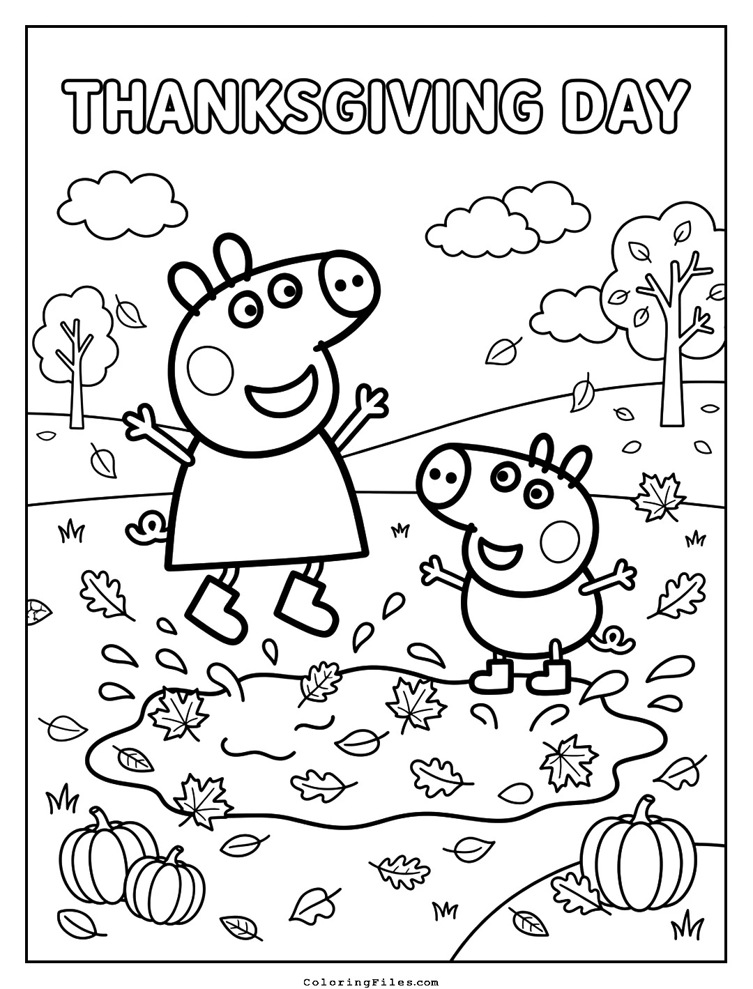 Peppa Pig Jumping in Muddy Leaves coloring page - Thanksgiving Coloring Pages (Free PDFs / Online)