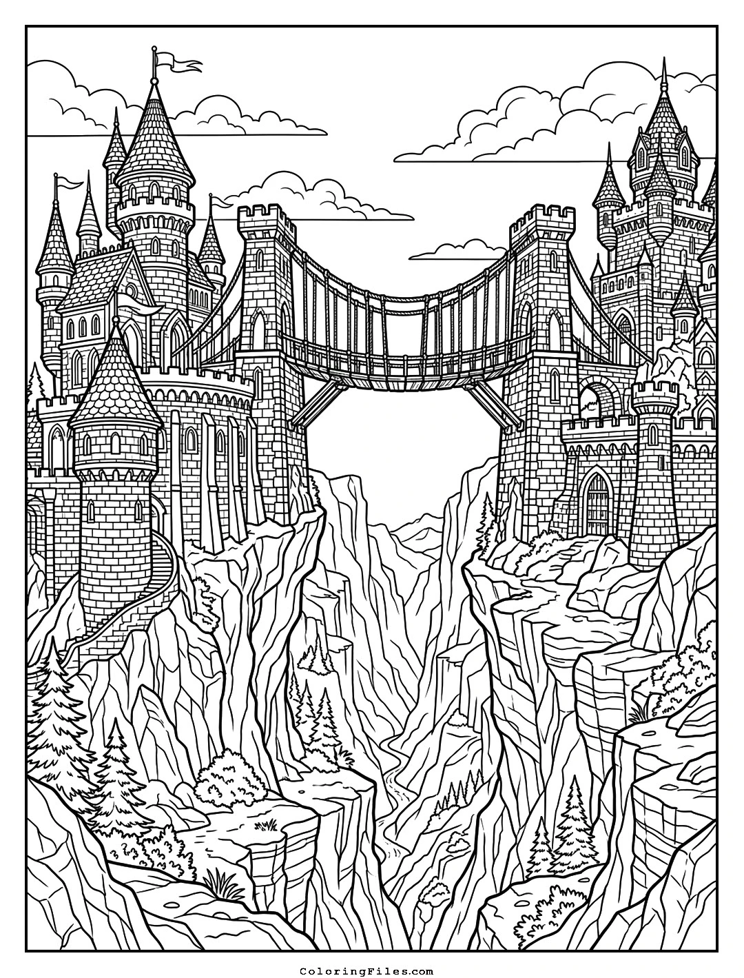 Bridged Canyon Stronghold coloring page - Fairytale Castle Coloring Pages (Free PDFs / Detailed)