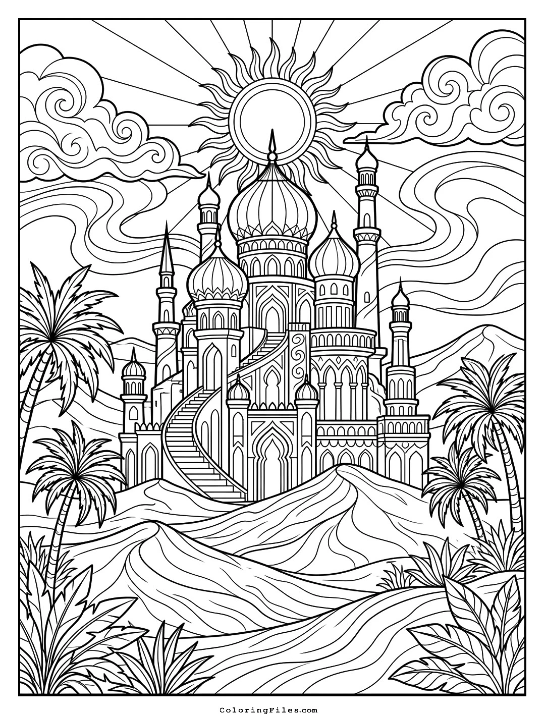 The Desert Mirage Sand Palace coloring page - Fairytale Castle Coloring Pages (Free PDFs / Detailed)