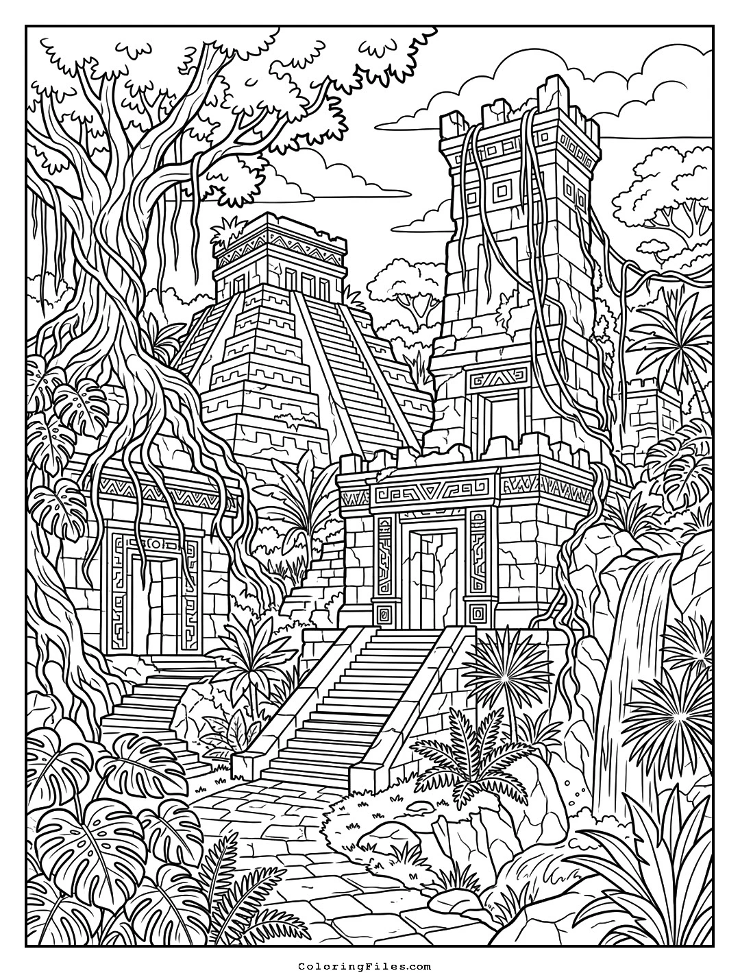 The Overgrown Jungle Temple Keep coloring page - Fairytale Castle Coloring Pages (Free PDFs / Detailed)