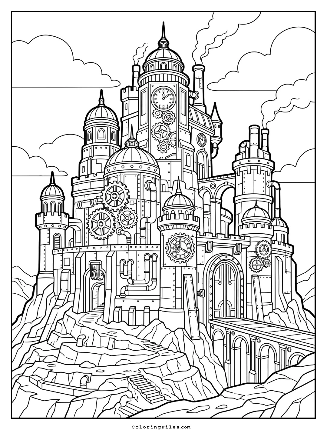 The Clockwork Steampunk Citadel coloring page - Fairytale Castle Coloring Pages (Free PDFs / Detailed)