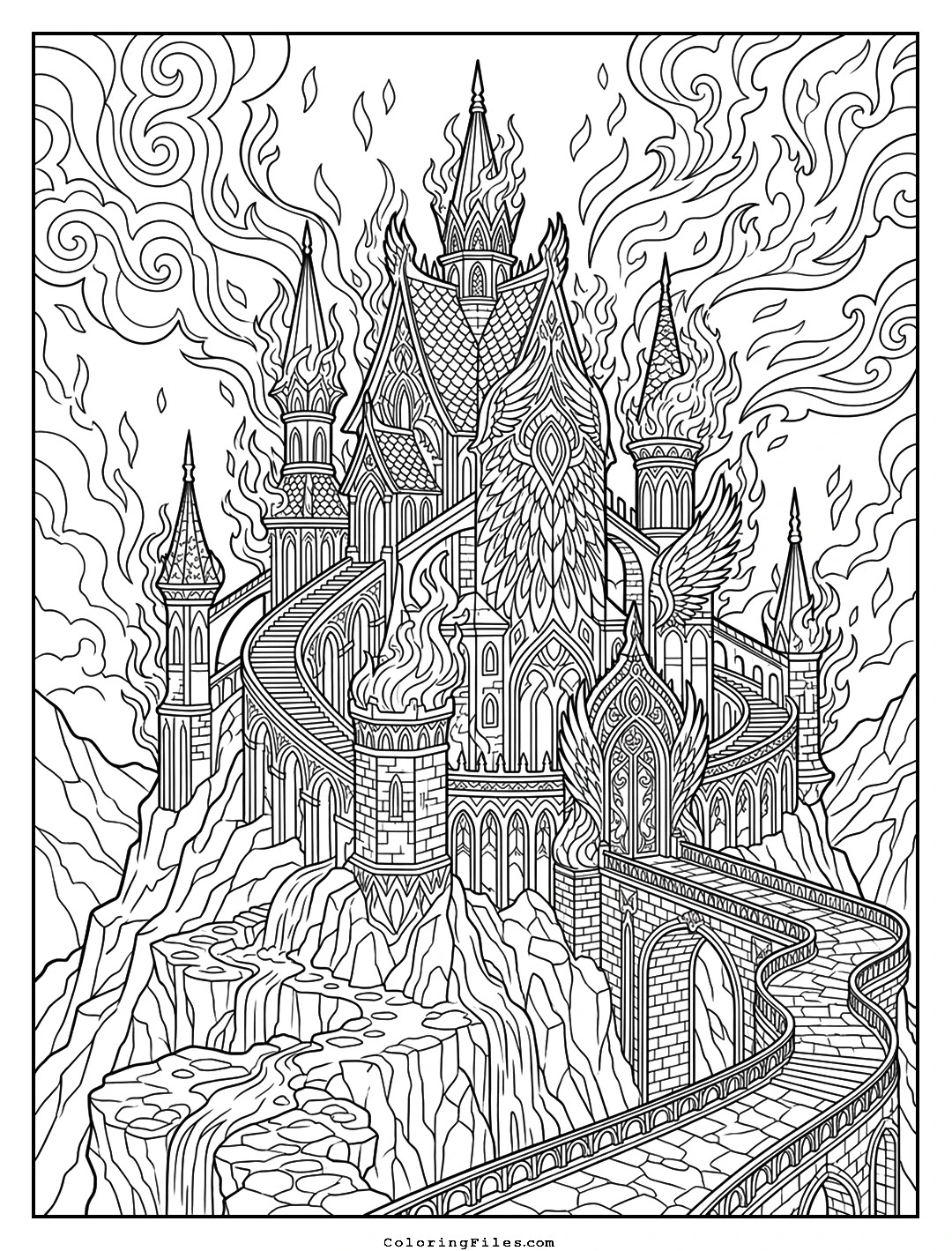 The Phoenix Eternal Fire Palace coloring page - Fairytale Castle Coloring Pages (Free PDFs / Detailed)