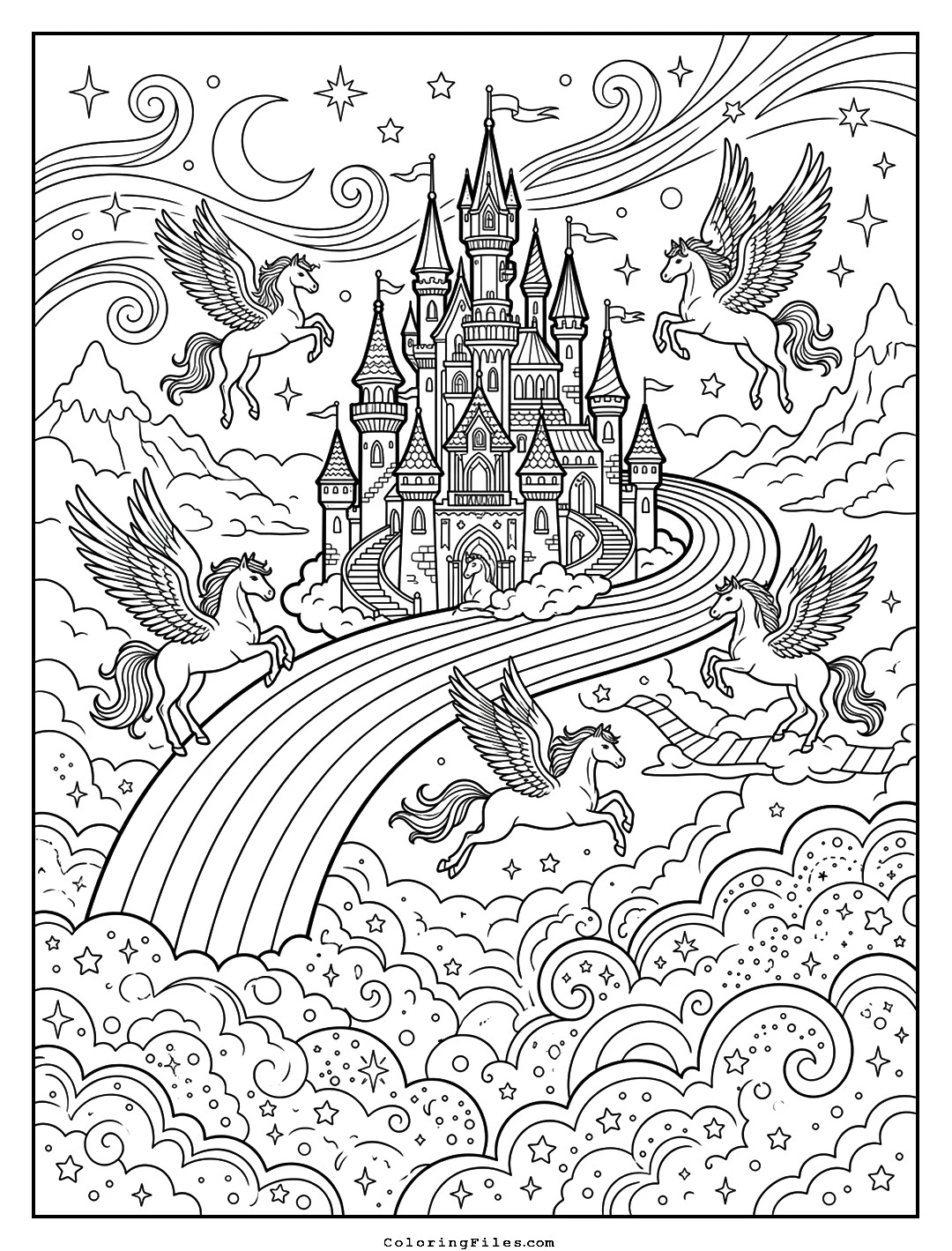Pegasus Kingdom Over the Rainbow coloring page - Fairytale Castle Coloring Pages (Free PDFs / Detailed)