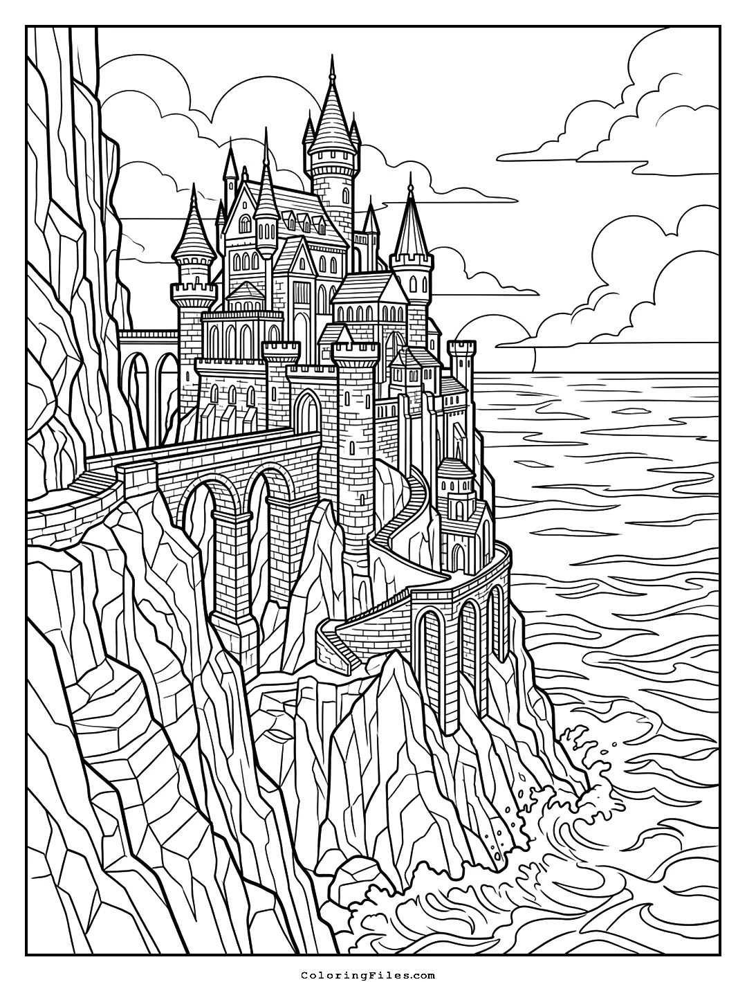Edge of the World Cliff Castle coloring page - Fairytale Castle Coloring Pages (Free PDFs / Detailed)
