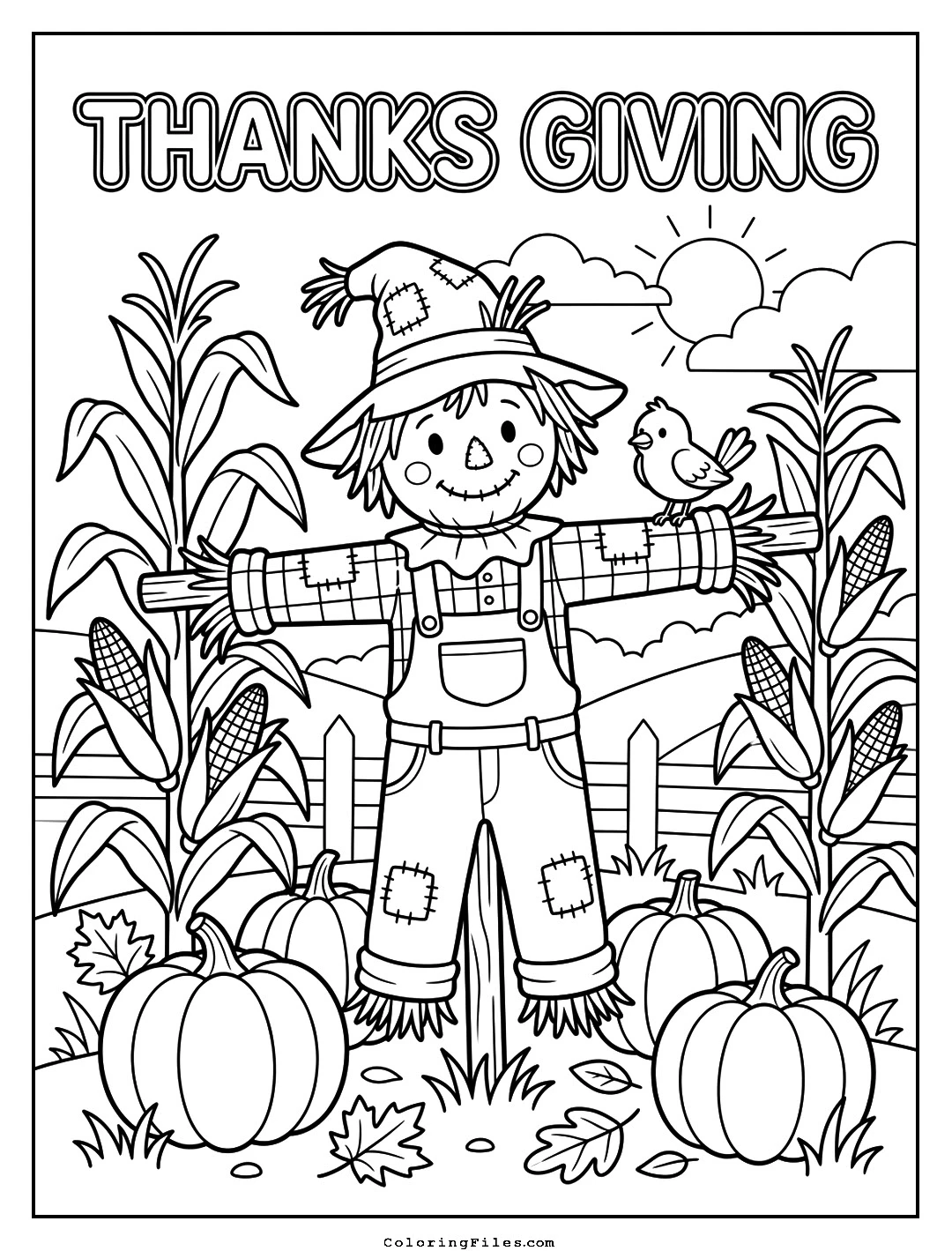 Scarecrow in the Cornfield coloring page - Thanksgiving Coloring Pages (Free PDFs / Online)